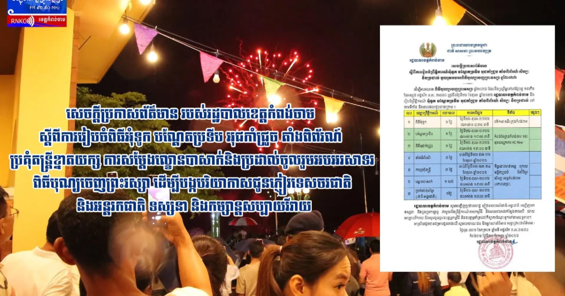 (វិដេអូ) សេចក្ដីប្រកាសព័ត៌មាន របស់រដ្ឋបាលខេត្តកំពង់ចាម ស្ដីពីការរៀបចំពិធីអុំទូក បណ្ដែតប្រទីប អុជកាំជ្រួច តាំងពិព័រណ៍ ប្រគុំតន្ត្រីខ្នាតយក្ស ការសម្ដែងល្ខោនបាសាក់ និងប្រដាល់ ចូលរួមអបអរសាទរពិធីបុណ្យចេញព្រះវស្សា ដើម្បីបង្កបរិយាកាសជូនភ្ញៀវទេសចរជាតិ និងអន្តរកជាតិ ទស្សនា និងកម្សាន្តសប្បាយរីរាយ