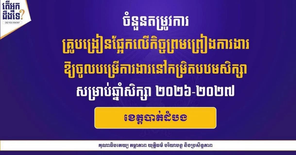ខេត្តបាត់ដំបងប្រកាសជ្រើសរើសគ្រូបង្រៀនផ្អែកលើកិច្ចសន្យា នៅកម្រិតបឋមសិក្សា សម្រាប់ឆ្នាំសិក្សា ២០២៦-២០២៧