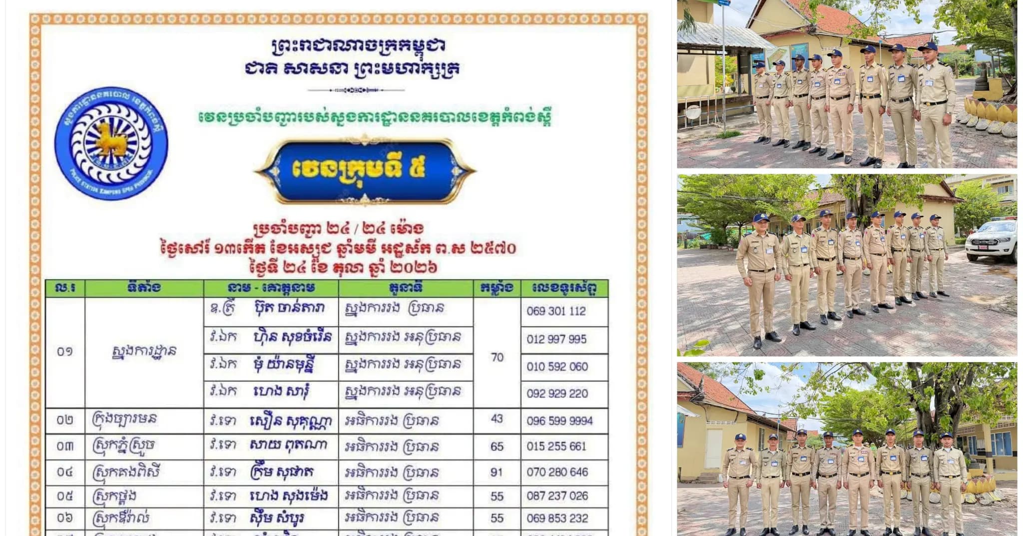 ក្រុមប្រចាំបញ្ជាវេនទី៥ ដេីម្បីតាមដានសភាពការណ៍សន្តិសុខនៅទូទាំងខេត្ដ.,, ✅ ដើម្បីទទួលបានកិច្ចអន្ដរាគមន៍ ☎️ 097 778 0018 Hotline --------------------------: